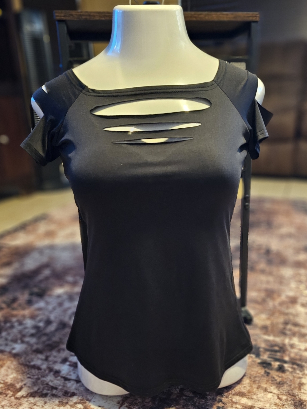 Black Cutout Short Sleeve Women's Top - Picture 2 of 2